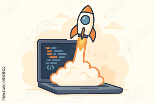 Startup launch concept with rocket flying from laptop. Fast development, code, programming symbol. Metaphor for business project boost, speed, growth, innovation and success.