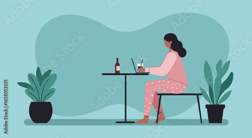 Woman in pajamas working from home on laptop, enjoying comfort and flexibility. Ideal for remote work, lifestyle, and modern living concepts.