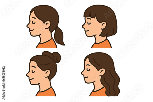 Woman side profile with various hairstyles set. Female head collection with ponytail, bun, bob cut, and long wavy hair. Simple cute cartoon character for beauty salon vector.