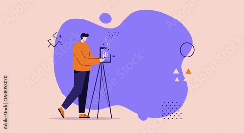 Man digitally designing or illustrating on a screen with a tripod, against an abstract background. Represents creativity, technology, and art.