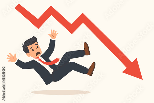 Financial crisis concept. Businessman falling down with a red arrow. Stock market crash. Investment risk. Economic recession. Bankruptcy and business failure metaphor. Loss money.