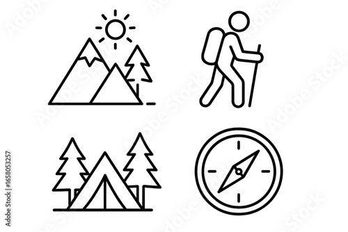 Nature and exploration outline icons set. Linear symbols for outdoor adventure and travel. Mountain, hiker, tent, compass vector graphics for tourism, trekking and camping concepts.