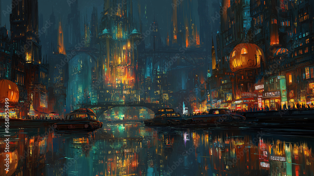 Naklejka premium A sprawling futuristic metropolis at night, skyscrapers shaped like glowing jack-o’-lanterns, neon lights reflecting on wet streets, flying cars with ghostly holograms