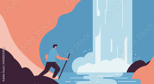 Adventurous person explores a powerful waterfall, symbolizing discovery, nature's beauty, and outdoor adventure. Perfect for travel and lifestyle content.