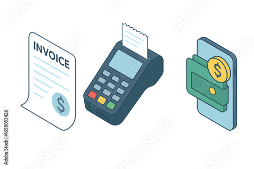 Isometric Flat Payment and Invoicing Tools Icons Set with Invoice Paper, Credit Card Terminal, Mobile Wallet, Digital Payment Methods Vector Illustration on Transparent Background