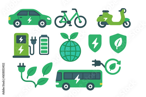 Eco friendly transport icon set. Green energy vehicles, electric car, bus, scooter, bicycle. EV charging station, battery, plug and ecology symbols. Sustainable mobility vector.