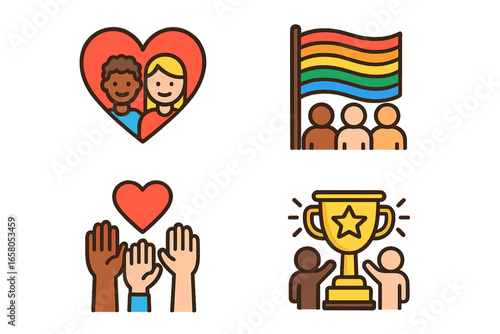 Love, inclusivity, and pride icon set. Vector illustrations of diverse community, interracial couple, LGBT rainbow flag, support hands, and achievement trophy. Modern design concept.