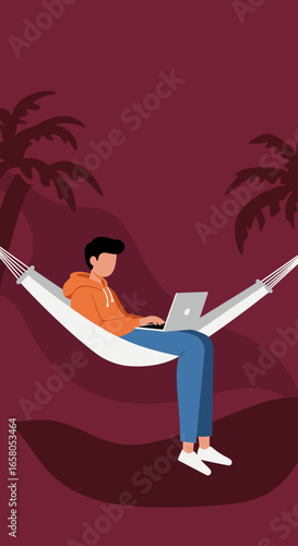 A person works remotely on a laptop in a hammock, embodying digital nomad lifestyle and relaxed productivity amidst a tropical setting. Ideal for travel, business concepts.