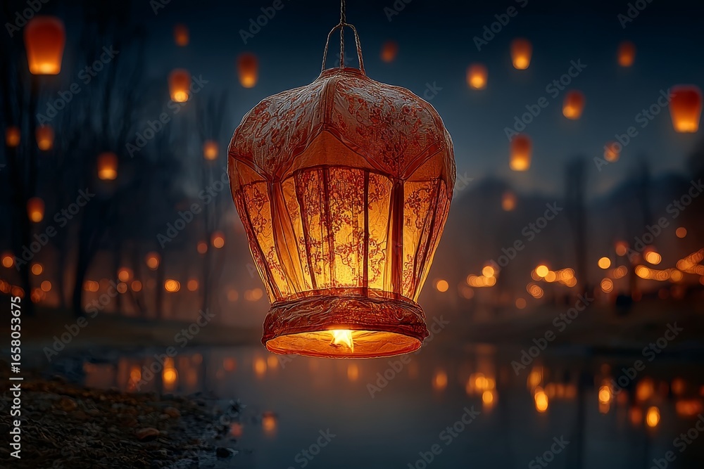 Obraz premium White sky lantern glowing and floating in night sky with other lanterns flying overhead against black background.