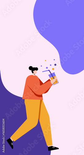 Modern illustration of a person enjoying a refreshing drink while walking. Represents a healthy, active lifestyle and casual daily moments.