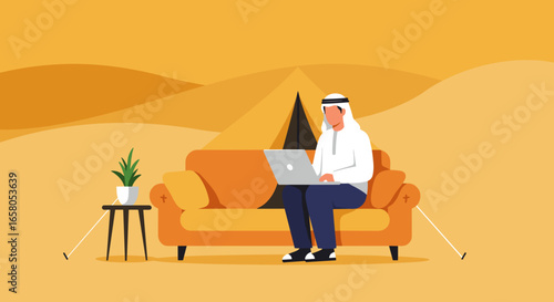 Arab man in traditional dress works on laptop on a comfortable couch amidst desert dunes and a tent. Remote work, travel, and digital lifestyle.