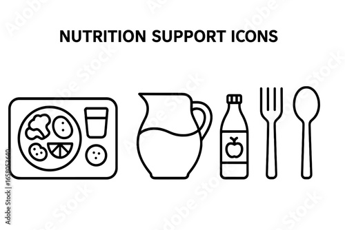 Nutrition support icons. Outline icon set of meal tray with balanced meal, water jug, juice bottle, fork, spoon. Vector illustration for healthy eating, diet, food service.