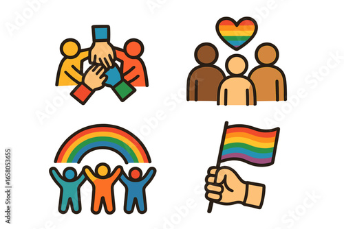 Pride icons vector set. LGBTQ community concept. Gay lesbian love. Rainbow flag. Teamwork diversity. Human rights. Equality celebration. Gender identity. Social movement.