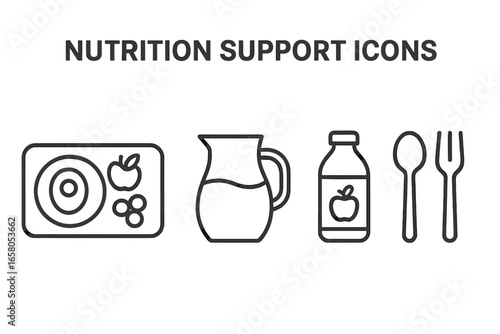 Nutrition support icon set. Vector line icons of a meal tray with a balanced diet, fruit, juice, and cutlery. Concept for healthy eating, dietary needs, and food service.