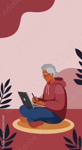 An older woman works on her laptop with a stylus, embracing technology and digital learning. Ideal for themes of remote work, education, and active seniors.