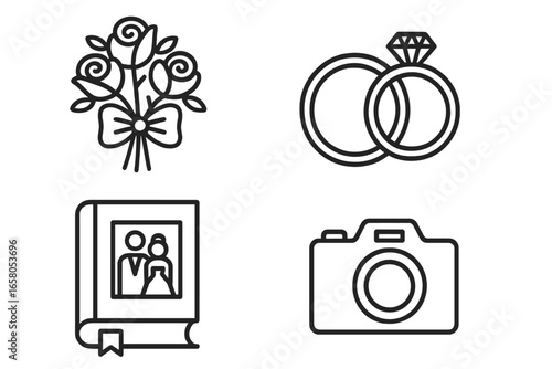 Wedding photography icons set. Outline vector bridal bouquet, engagement wedding rings, photo album, camera. Simple minimal wedding photoshoot design element. Ceremony, marriage concept illustration.
