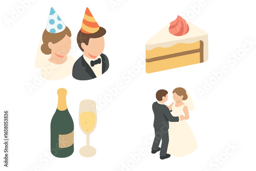 Isometric vector icons set for wedding reception party, bride and groom in festive hats, dancing couple, champagne bottle and glass, cake slice. Elegant celebration symbols, flat illustration.