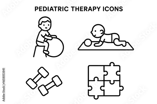 Pediatric Therapy Icons Set with Outline Style Featuring Child on Therapy Ball, Play Mat, Small Dumbbells, Puzzle Pieces, and Interactive Rehabilitation Tools Vector Illustration