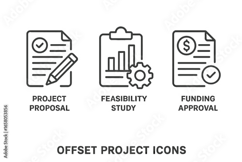 Project management icons for offset project lifecycle stages. Includes project proposal, feasibility study, funding approval. Outline vector set for business and finance concepts.