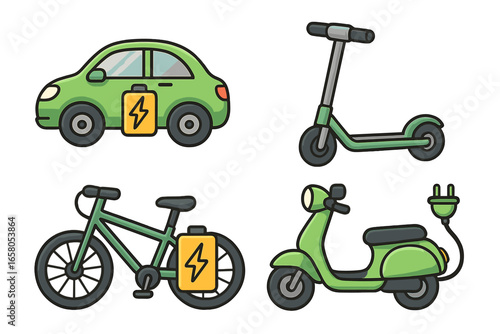 Eco friendly transportation icon set. Green energy and modern mobility solutions. Electric car, e-bike, scooter and moped vector cartoon collection. Sustainable urban transport.