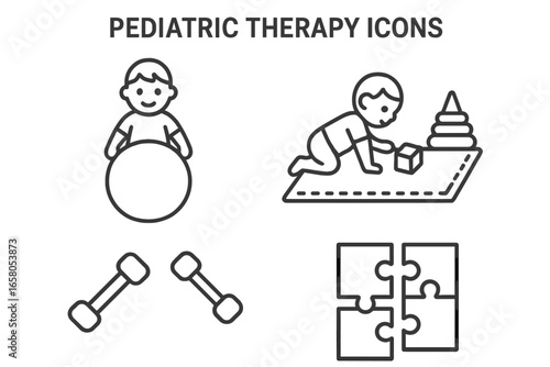 Pediatric Therapy Icon Set with Outline Style Featuring Child on Therapy Ball, Play Mat, Small Dumbbells, Puzzle Pieces for Child Rehabilitation and Development Vector Illustration