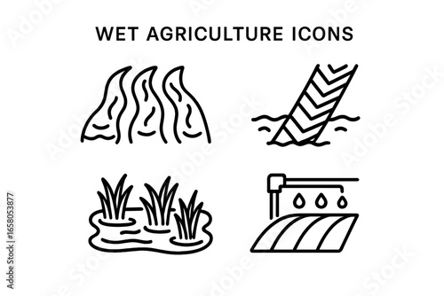 Wet agriculture icons vector set. Outline icons for irrigated fields, saturated furrow, tractor tire track in water, rice paddy cultivation, water management, canal irrigation systems.