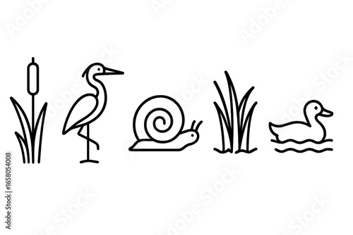 Wetland habitat vector icon set. Outline icons of marsh landscapes featuring cattail stalks, heron silhouette, mud snail, marsh grass, waterfowl duck. Freshwater ecosystem animals plants illustration.