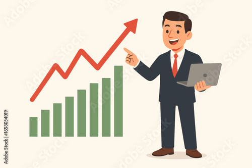 Successful businessman investor pointing at a rising stock market price chart and graph. Financial growth concept. Happy character showing profit. Successful investment analysis.