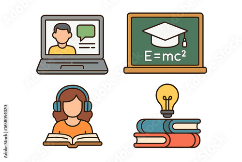 Education icons set. E-learning, online class, webinar concepts. School, university, science knowledge. Student reading, audiobook. Idea lightbulb on books. Vector pack.
