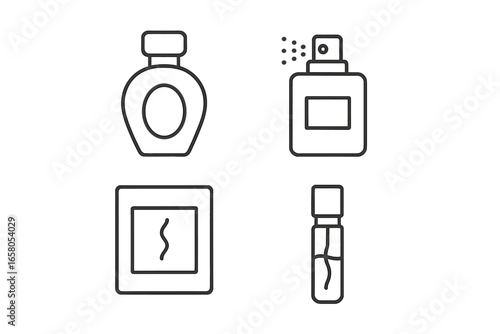 Perfume Icon Set of 4 Outline Style Featuring Fragrance Bottle, Tester Sprayer, Fragrance Box, and Scent Sample Vector Illustration for Beauty and Cosmetics Design