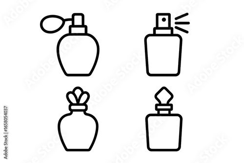 Set of 4 Perfume Bottle Outline Icons with Atomizer Bulb, Spray Nozzle, Decorative Cap, and Glass Stopper Designs, Elegant Vector Illustration of Fragrance Containers