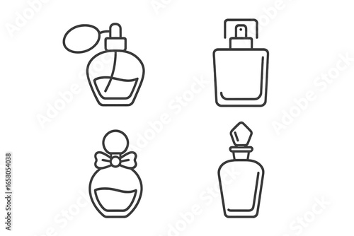 Luxury Perfume Bottle Icon Collection. Outline vector set of elegant perfume bottles: atomizer bulb, spray nozzle, decorative cap, glass stopper. Retro cosmetic design. Fragrance packaging concept.