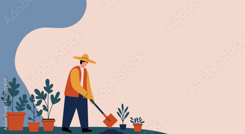 Person in a hat and gloves actively gardening, planting in the soil. Represents hobby, agriculture, growth, and sustainable lifestyle.