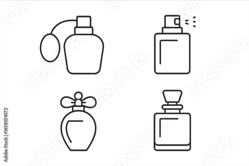 Perfume bottle icon collection, outline vector set with atomizer bulb, spray nozzle, decorative cap, glass stopper, various elegant fragrance containers for beauty, fashion, and cosmetics design