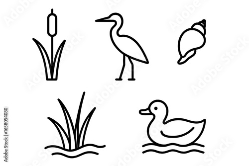 Wetland icon set, outline vector illustration of marsh landscapes with cattail stalk, heron bird silhouette, mud snail shell, marsh grass, waterfowl duck, nature conservation habitat, aquatic plants