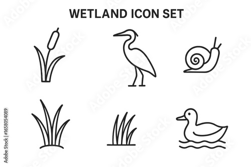 Wetland outline vector icon set. Marsh landscape symbols with cattail stalk, heron bird silhouette, waterfowl duck, mud snail, aquatic marsh grass. Nature habitat wildlife ecosystem illustration.