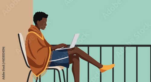 Young man working on a laptop from a balcony, embodying remote work, digital nomad lifestyle, and flexible working.