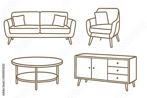 Furniture line art set. Mid-century modern living room interior collection. Vector illustration of a sofa, armchair, coffee table, and sideboard for home decor design concept.