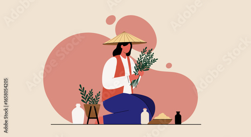 Person in a traditional conical hat carefully preparing natural herbs or plants for wellness products, highlighting organic practices and mindful living.