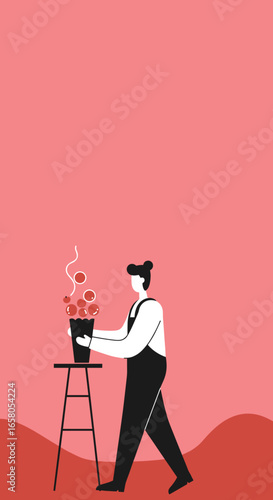 Stylized illustration of a person nurturing a vibrant potted plant, conveying concepts of growth, care, and organic business. Ideal for lifestyle.