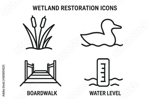 Wetland restoration icon set. Outline vector illustration with marsh reeds, waterfowl duck silhouette, wooden boardwalk, water level gauge. Environmental conservation, ecosystem, habitat icons.