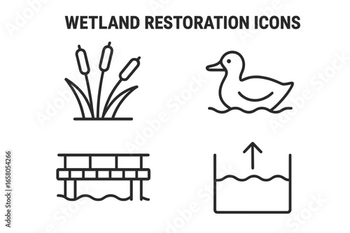 Wetland restoration vector icon set. Outline marsh reed plants, waterfowl duck silhouette, boardwalk, water level rising symbol. Environmental conservation, habitat protection, nature ecology concept.