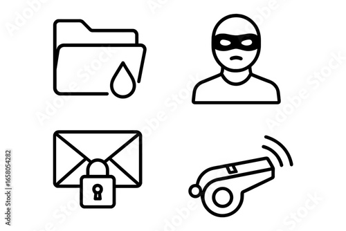 Whistleblower security icons, outline vector set. Leaking folder with drop, anonymous person, encrypted email with padlock, reporting whistle. Data leak, privacy, protection, confidentiality, alert.