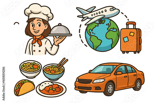 Food travel vector set. Culinary tourism concept. Chef, international cuisine, airplane, car, global journey icons. Gastronomy adventure illustration. World food day graphic.