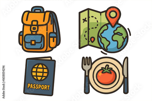 Travel essentials vector icon set for tourism and adventure. Graphic collection with backpack, passport, world map, location pin, and food symbol. Journey and vacation concept.