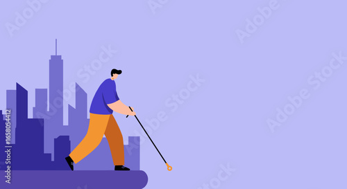 Visually impaired person navigating an urban landscape with a white cane. Concept of accessibility, independence, and overcoming challenges in city life.