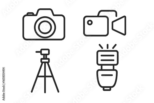 Photography and Videography Equipment Icons Set. Outline Vector Illustration of Camera, Video Camera, Tripod, Flash. Professional Photo Studio Tools, Filmmaking, Digital Media, Creative Concept.