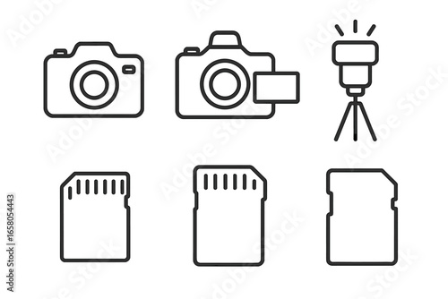 Photography and Videography Outline Icon Set, Camera, Video Camera, Tripod, Flash, SD Card, Memory Card, Professional Equipment, Digital Storage, Studio Gear, Minimal Vector Illustration