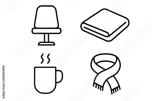 Outdoor stadium spectator comfort icon set. Vector outline illustration of essentials for a cold sports event: seat, lap blanket, hot beverage, and warm scarf.