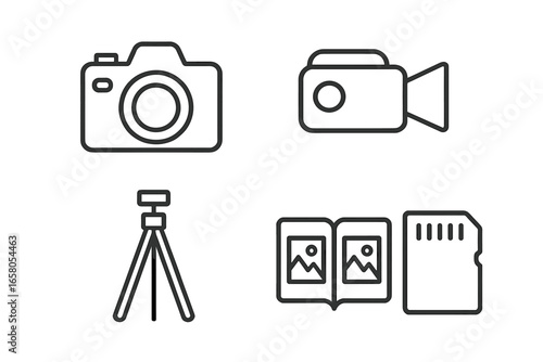 Outline Photography Icon Set of 4 Vector Illustrations Featuring Camera, Video Camera, Tripod, Photo Album, and Memory Card for Videography and Photo Equipment